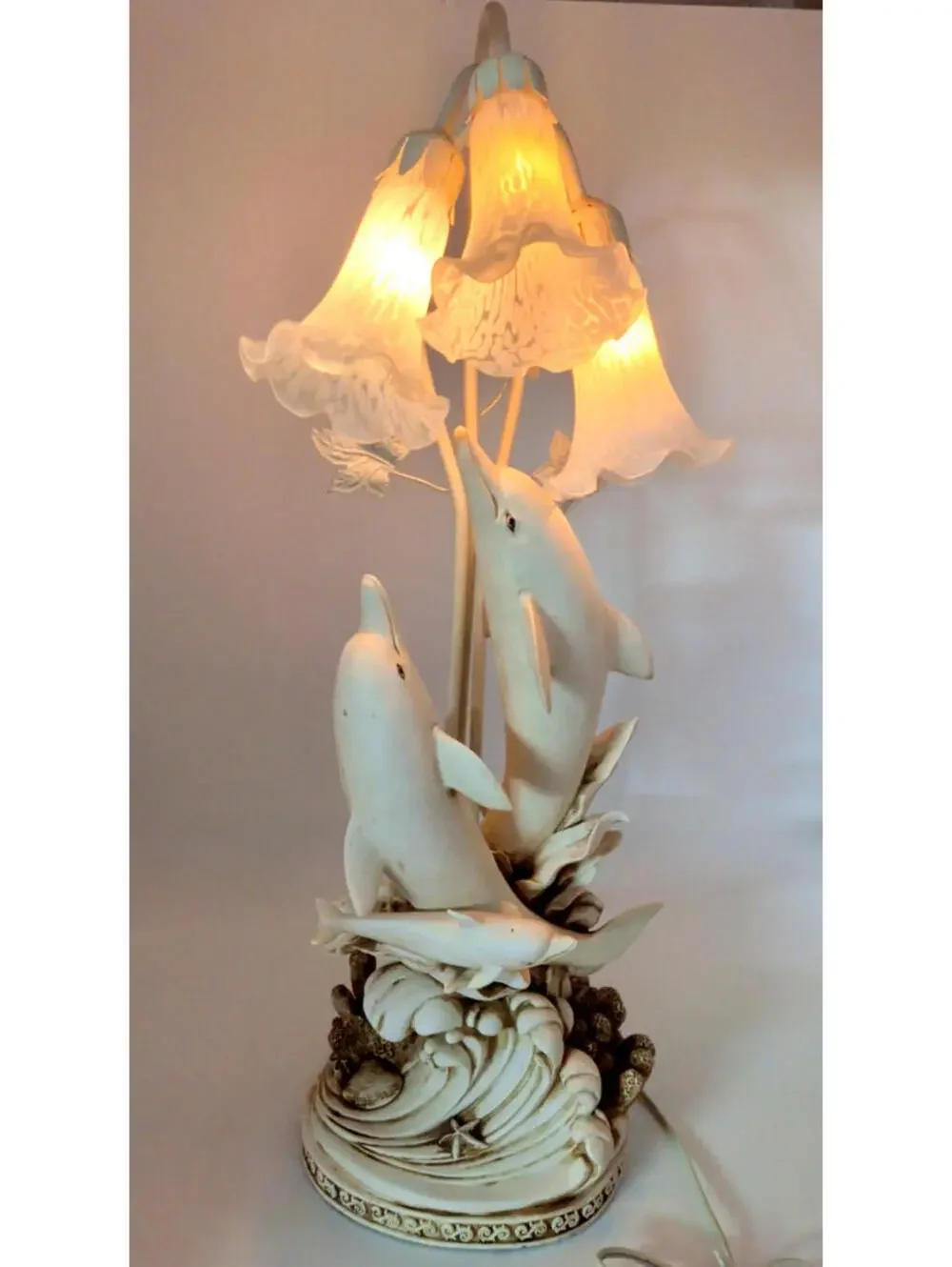 VTG Ceramic Sculpted 3D Dolphins Table Lamp 3 Lights Glass Tulip Shades 30